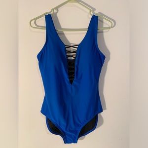 Cover Girl Size 14 Royal Blue One Piece Swim Suit Crisscrossed Black Open Front